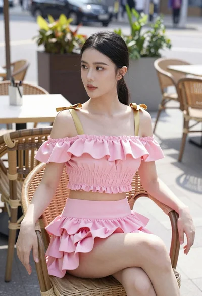 Young woman in pink ruffled outfit sitting at an outdoor cafe