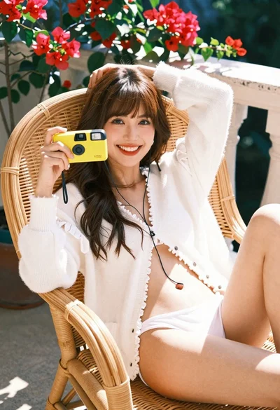 Smiling woman in white cardigan relaxing on wicker chair outdoors