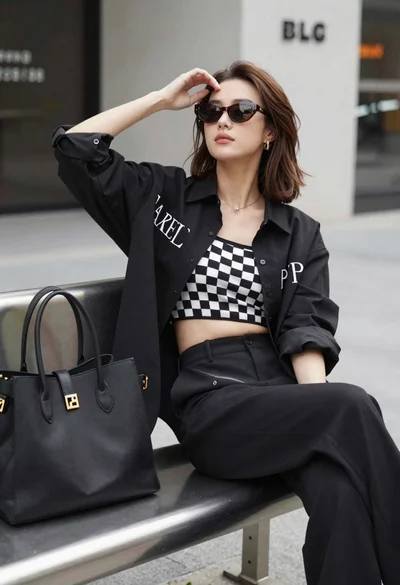 Stylish young woman sitting on bench in urban setting natural daylight