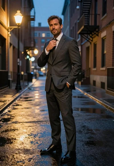 Man in dark suit adjusting tie on wet city street at night