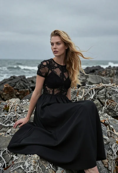 Woman in black dress on rugged rocks by the sea