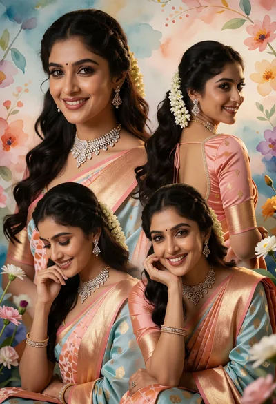 Collage portrait of south asian woman in silk saree against floral backdrop