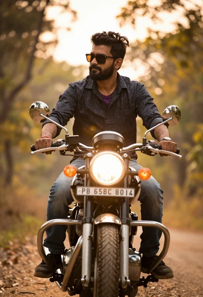 Man sitting confidently on vintage motorcycle against glowing forest sunset backdrop