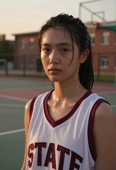 Closeup photorealistic portrait of young east asian woman at basketball court sunset