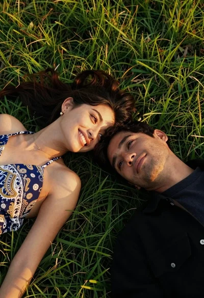 Young couple lying on green grass during golden hour in park