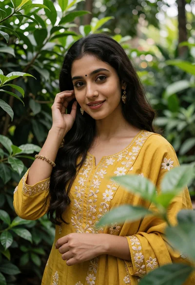 Young woman in mustard yellow traditional outfit within a lush green garden