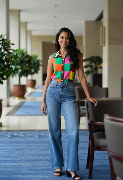 Young woman posing in modern hallway with colorful patchwork top