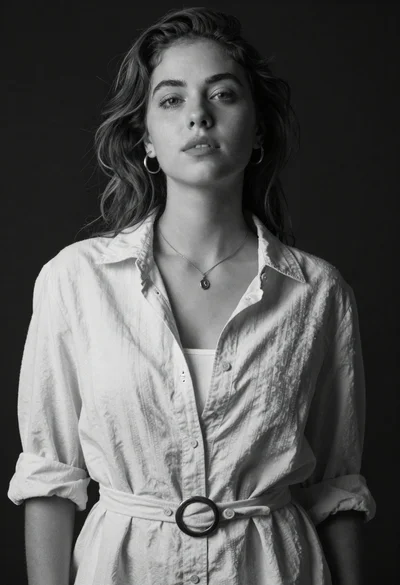 Black and white studio portrait of woman with soft features