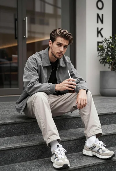 Young man sitting on stone steps holding drink in urban outdoor setting