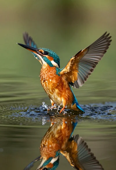 Vibrant kingfisher emerging from dark rippling water with visible reflection