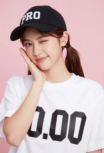 Young woman winking against pastel pink background