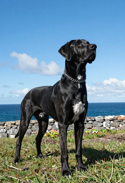 Majestic black great dane standing on grassy cliff overlooking deep blue ocean