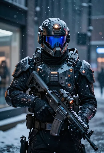 Futuristic soldier in heavy snowfall on an urban street