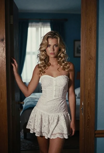 Young blonde woman in white lace dress standing in blue doorway