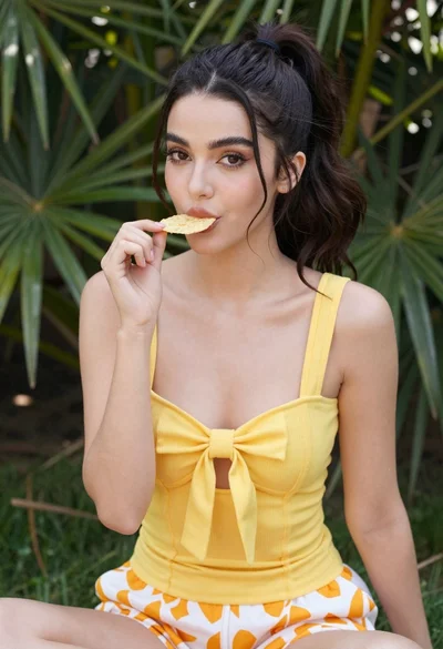Young woman in yellow outfit holding chip outdoors among green foliage