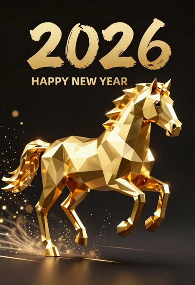 Low poly crystalline horse galloping across dark background with glowing golden particles