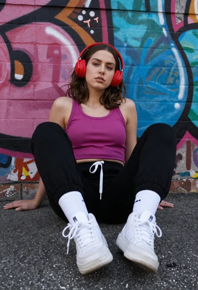 Young woman in magenta tank top and headphones sitting by graffiti wall