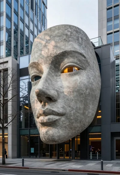 Modern city street with faceshaped concrete building facade