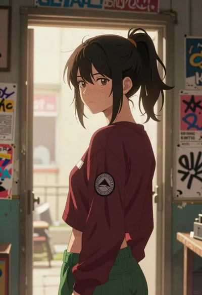 Anime portrait of woman against colorful graffiti wall