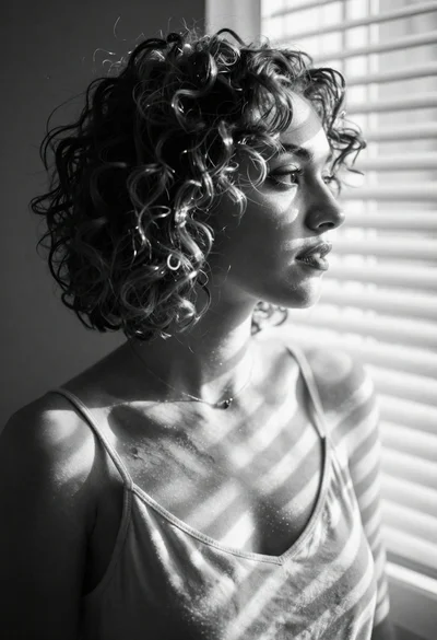 Black and white portrait of woman with curly hair