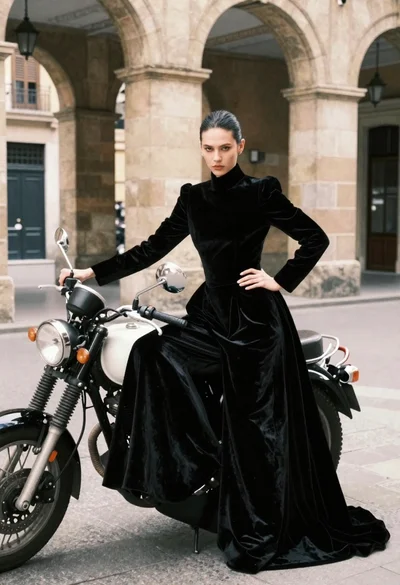 Woman in black velvet gown by vintage motorcycle under stone arches