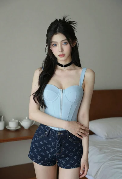 Young woman with long dark hair in blue top and denim shorts