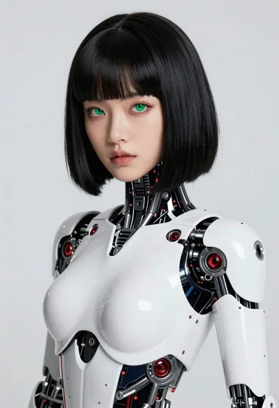 High fashion portrait of android with white armor