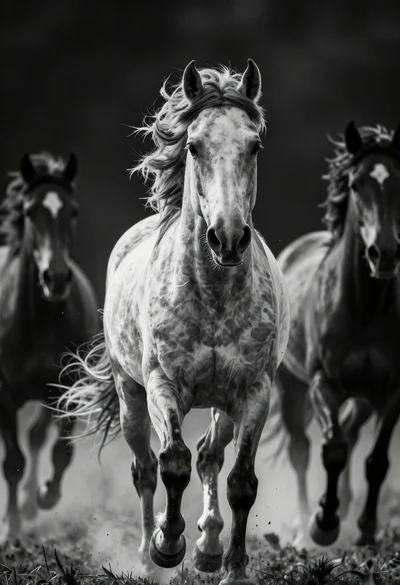 Powerful horse charging forward low angle shot against dark background