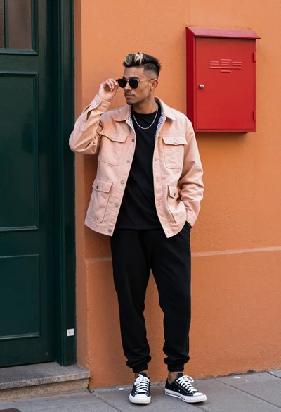 Stylish man posing in urban alleyway against orange wall and green door
