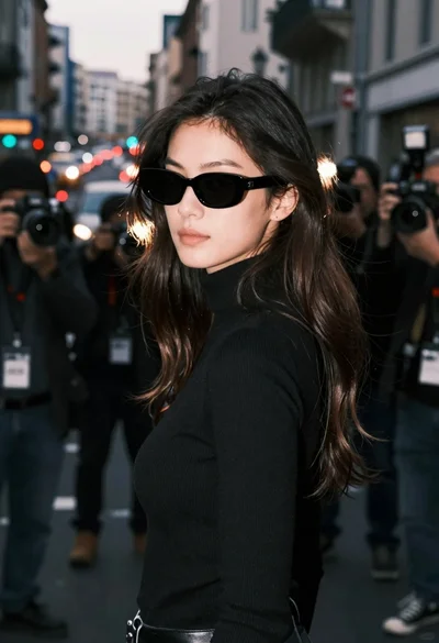 Young woman in black turtleneck looking over shoulder at street
