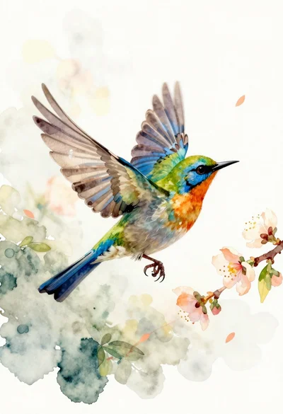 Watercolor bird flying near peach blossoms