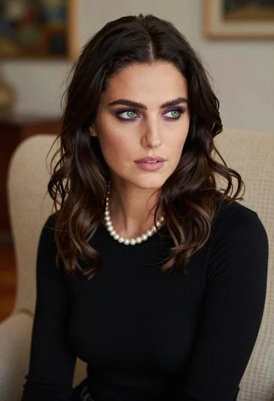 Close up portrait of woman with dark hair in beige armchair