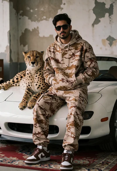 Man in camouflage hoodie with cheetah on white sports car indoors