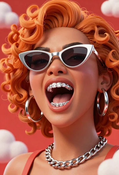 Closeup portrait of woman with orange curly hair shouting with diamond braces