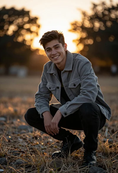 Young man crouching outdoors with golden sunset backlighting through trees