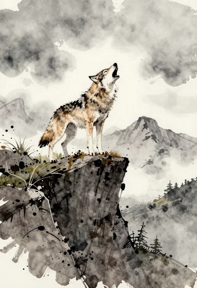 Watercolor illustration of a wolf howling on a misty cliff
