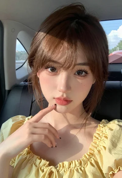 Close up portrait of young woman in car with brown hair