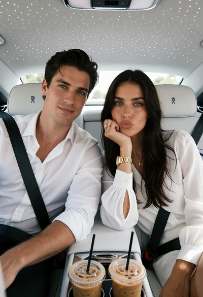 Man and woman in luxury car seats with white leather interior