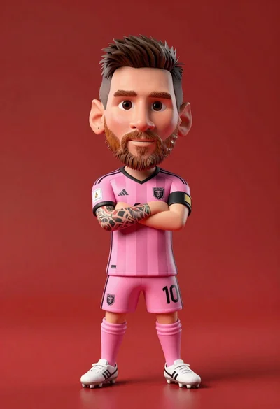 Stylized bobblehead soccer player with tattoos in pink jersey against red background