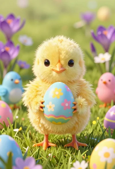 Fluffy yellow chick holding pastel easter egg in lush green meadow