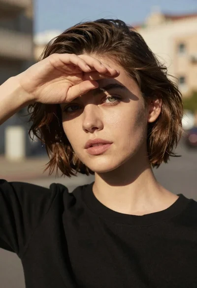 Close up portrait of young woman shielding eyes from bright sun
