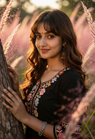 Young woman with brown hair by tree trunk in pink grassy field