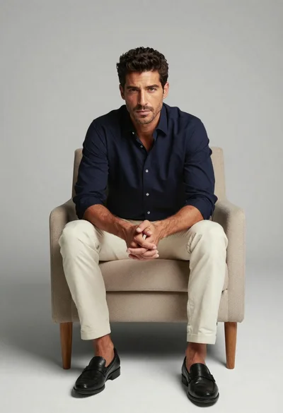 Mature man portrait sitting in beige armchair against gray background