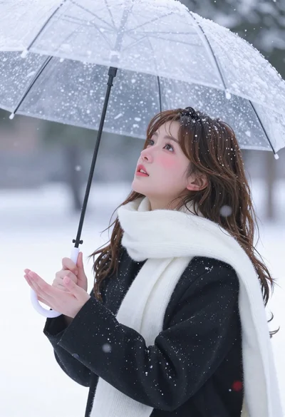 Fairskinned woman in black coat holding umbrella in snowy winter landscape
