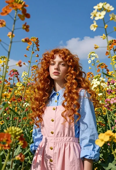 Fair young woman with red hair standing in a vibrant field of