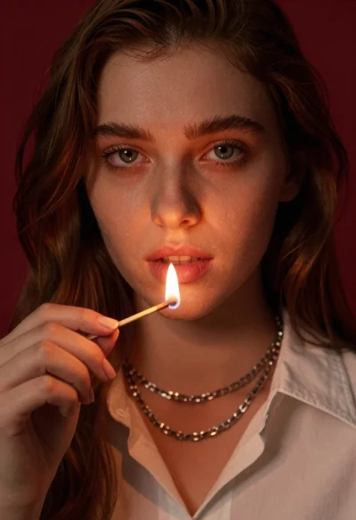 Close up portrait of young woman holding lit match near lips