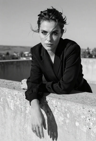 Woman leaning on concrete ledge in black and white portrait