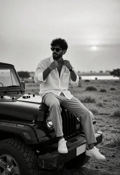 Man adjusting collar on rugged suv in arid landscape under overcast sky