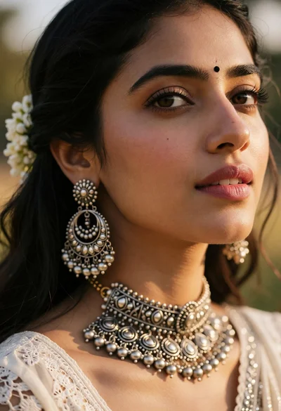 Extreme close up portrait of woman with dark hair and silver jewelry