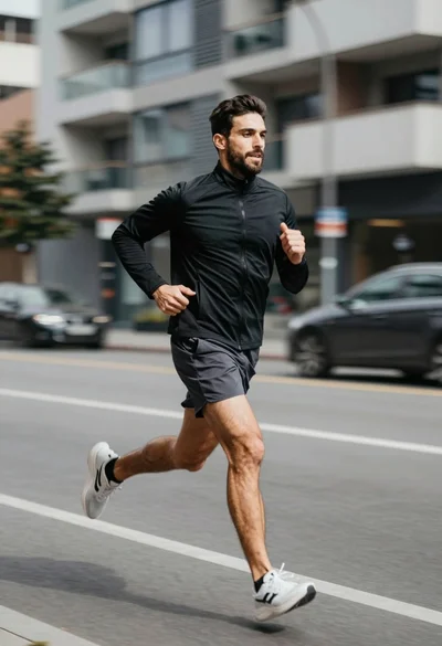 Muscular man sprinting down a city street with intense motion blur background